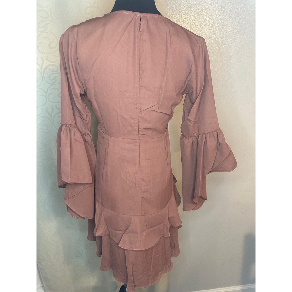 HAYDEN LOS ANGELES Rose Mauve Tie Front Ruffle Bell Sleeve Mini Dress Womens S - Picture 2 of 8
